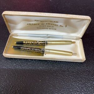 Vintage Arpege CHANEL Black & Gold Ornate Perfumed 14K gold Writing Pen Set